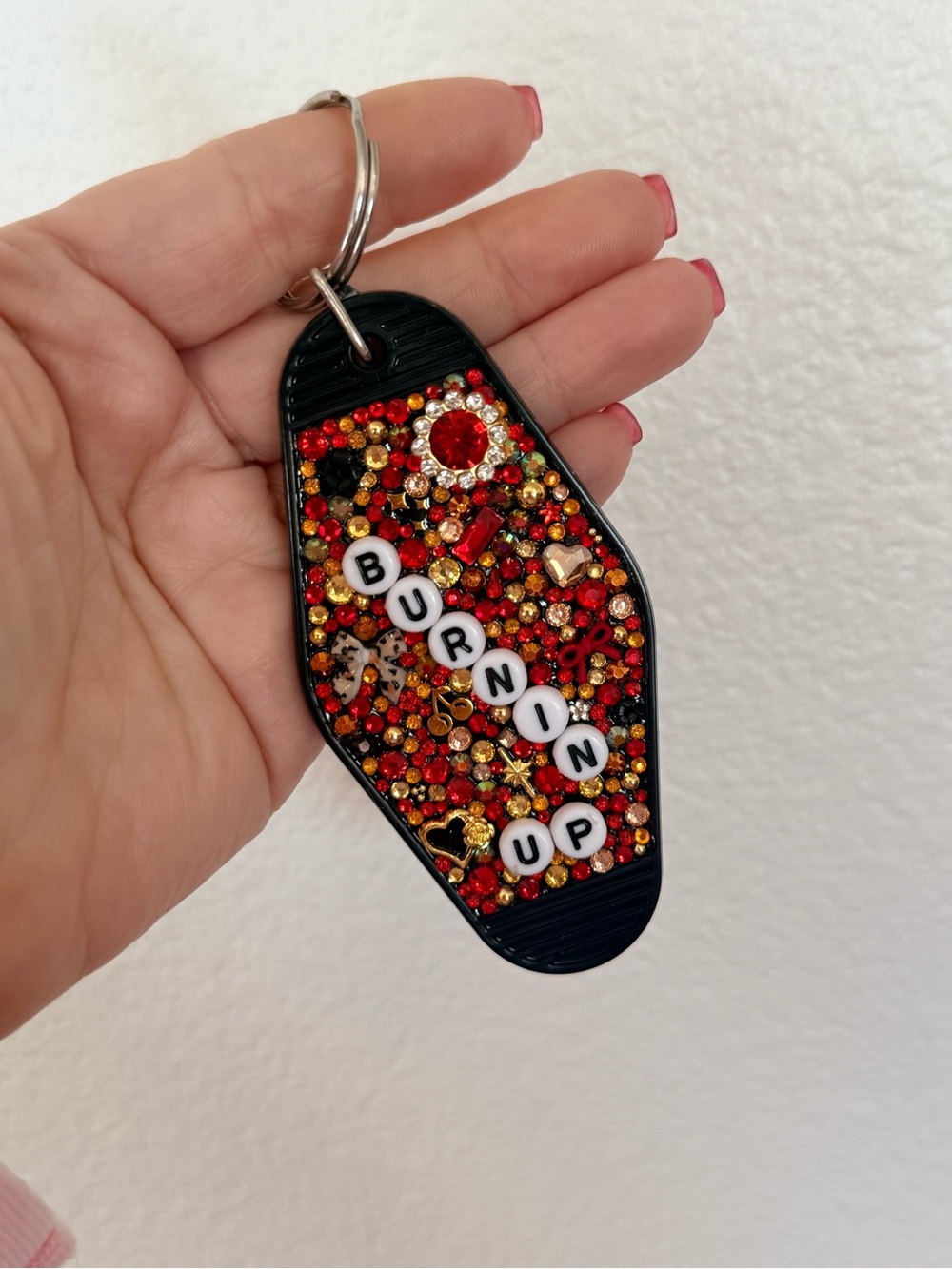 BURNIN UP Red & Gold Bejeweled Keychain Charm
